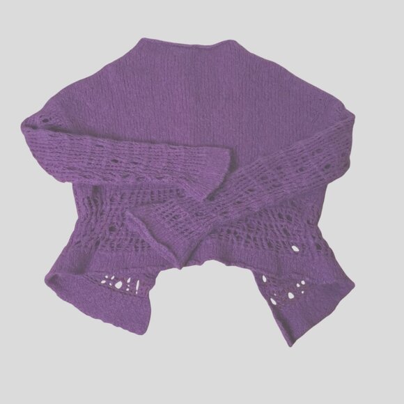 Hand Knit Cotton Blend Cardigan Purple Boho Gallery Asymmetrical Bell Sleeve M - Picture 4 of 7
